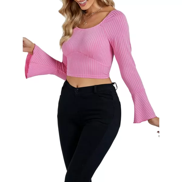 LYANER Women's Ribbed Knit Bell Long Sleeve Scoop Neck Crop Top Slim Fit Tee Shirt