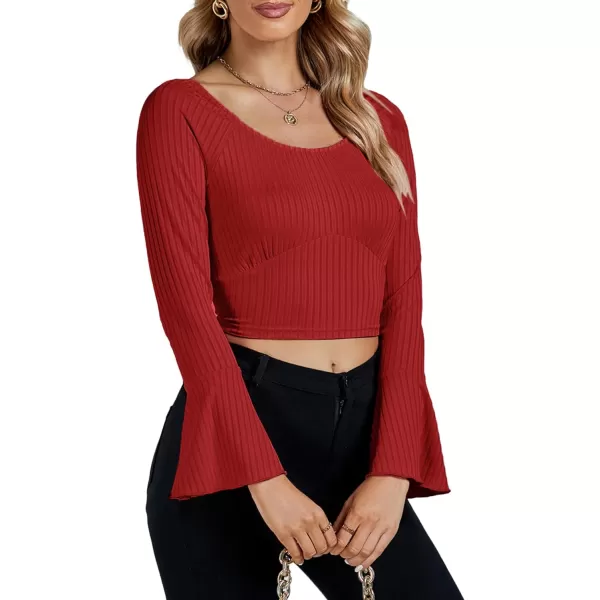 LYANER Women's Ribbed Knit Bell Long Sleeve Scoop Neck Crop Top Slim Fit Tee Shirt