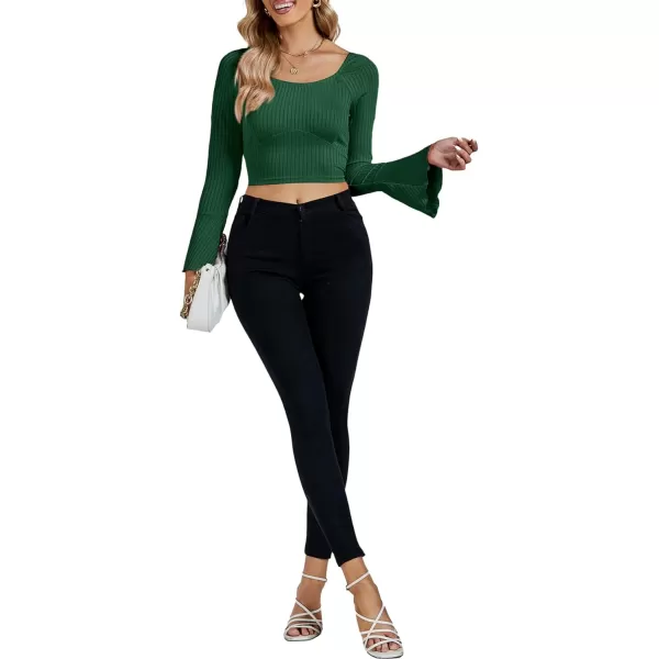 LYANER Women's Ribbed Knit Bell Long Sleeve Scoop Neck Crop Top Slim Fit Tee Shirt