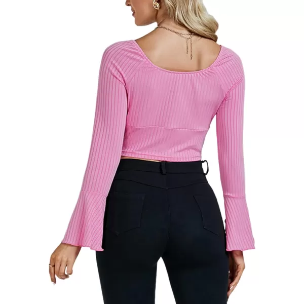 LYANER Women's Ribbed Knit Bell Long Sleeve Scoop Neck Crop Top Slim Fit Tee Shirt