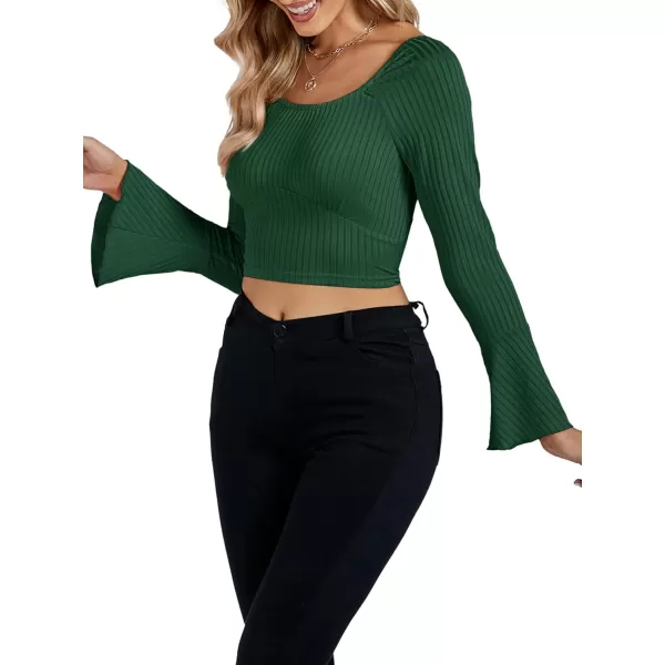 LYANER Women's Ribbed Knit Bell Long Sleeve Scoop Neck Crop Top Slim Fit Tee Shirt