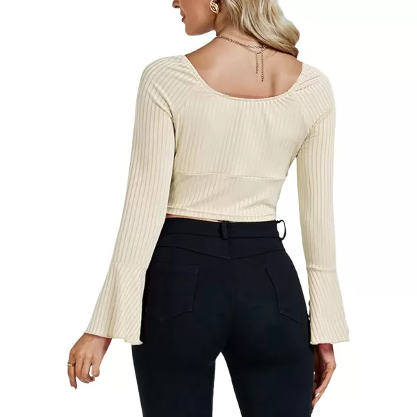 LYANER Women's Ribbed Knit Bell Long Sleeve Scoop Neck Crop Top Slim Fit Tee Shirt