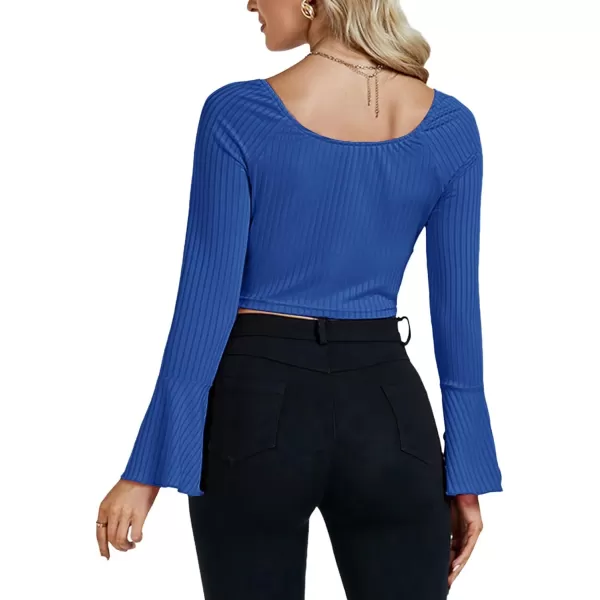 LYANER Women's Ribbed Knit Bell Long Sleeve Scoop Neck Crop Top Slim Fit Tee Shirt