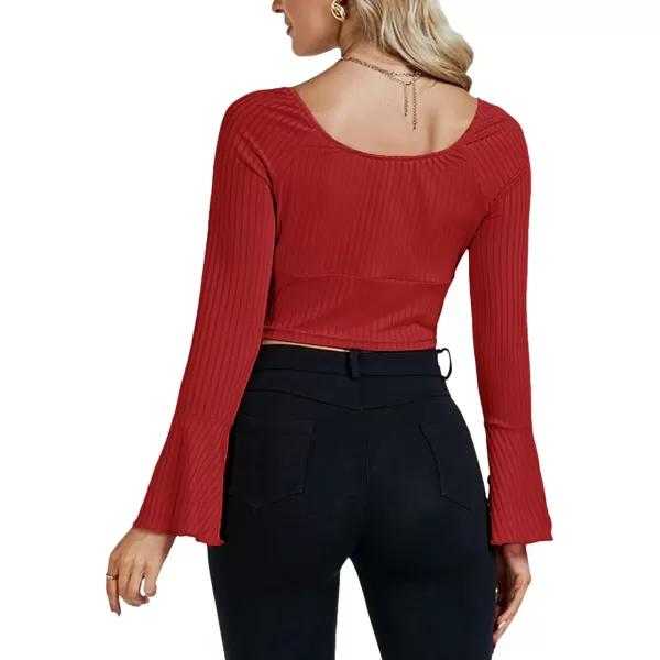 LYANER Women's Ribbed Knit Bell Long Sleeve Scoop Neck Crop Top Slim Fit Tee Shirt