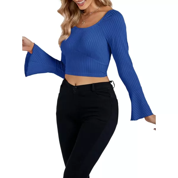 LYANER Women's Ribbed Knit Bell Long Sleeve Scoop Neck Crop Top Slim Fit Tee Shirt