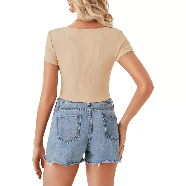 LYANER Women's Ribbed Knit Notch V Neck Short Sleeve Slim Fitted T-Shirts Basic Crop Top