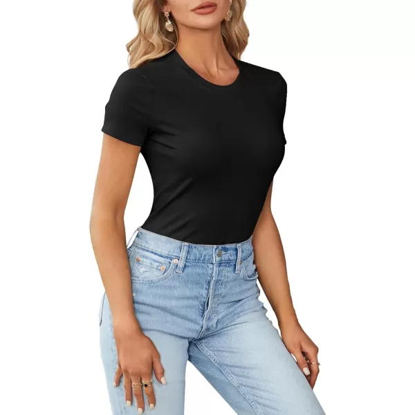 LYANER Women's Ribbed Knit Round Neck Short Sleeve Slim Fit Basic T-Shirt Tee Top
