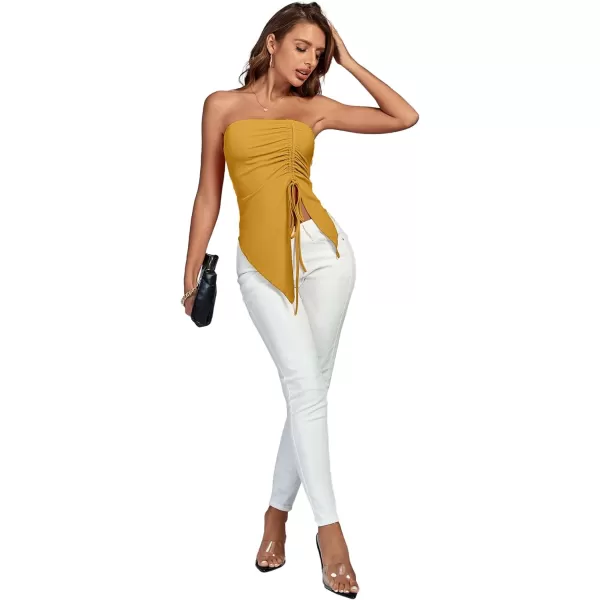 LYANER Women's Ribbed Knit Side Drawstring Off Shoulder Bandeau Strapless Tube Top