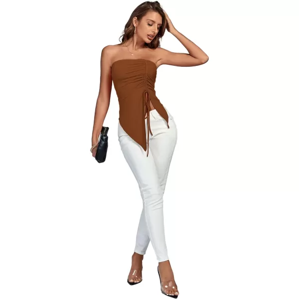 LYANER Women's Ribbed Knit Side Drawstring Off Shoulder Bandeau Strapless Tube Top