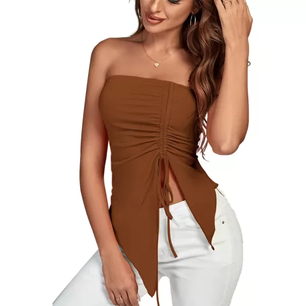 LYANER Women's Ribbed Knit Side Drawstring Off Shoulder Bandeau Strapless Tube Top