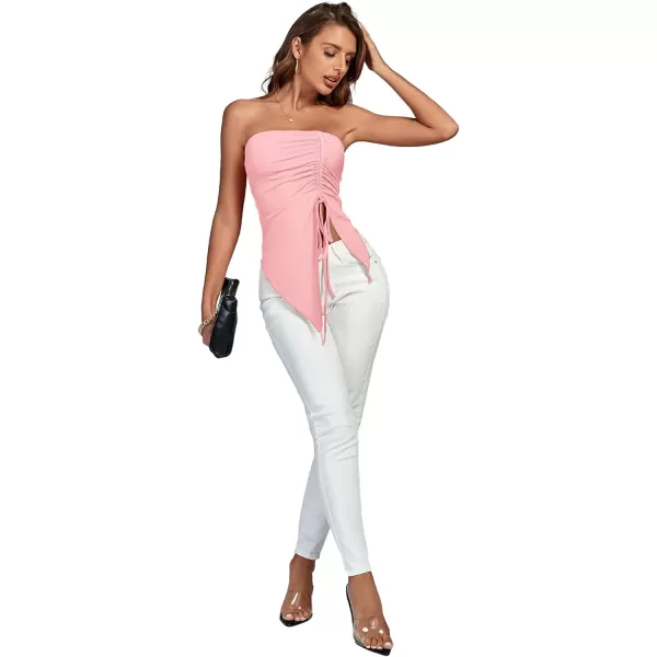 LYANER Women's Ribbed Knit Side Drawstring Off Shoulder Bandeau Strapless Tube Top