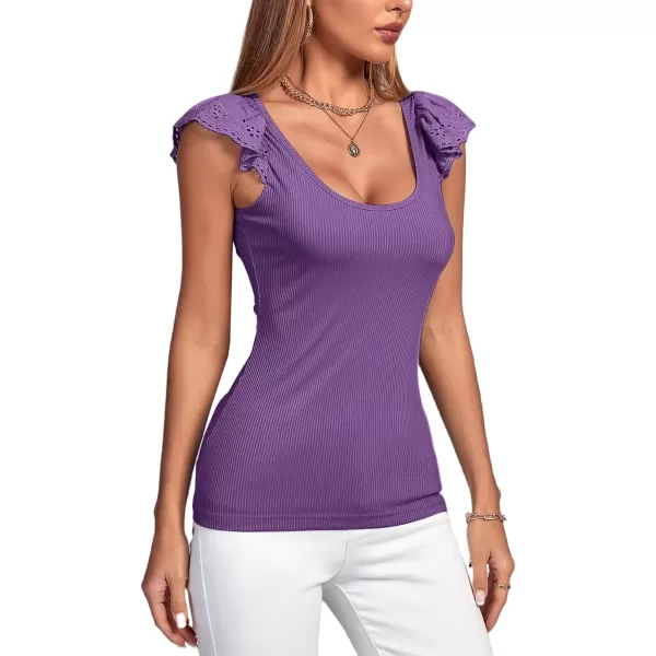 LYANER Women's Ribbed Knit Square Neck Sleeveless Tank Top Ruffle Cap Sleeve Shirt Blouse