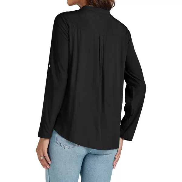 LYANER Women's Roll Up Sleeve V Neck Lace Crochet Button Down Shirt Casual Peplum Blouse Tunic Tops