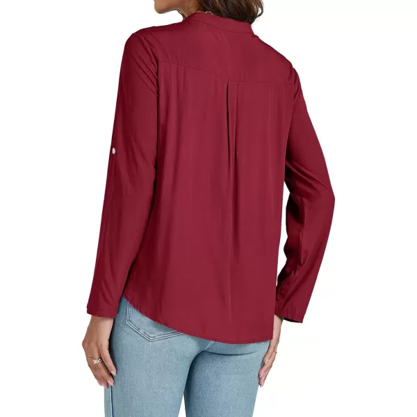 LYANER Women's Roll Up Sleeve V Neck Lace Crochet Button Down Shirt Casual Peplum Blouse Tunic Tops