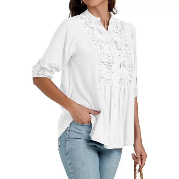 LYANER Women's Roll Up Sleeve V Neck Lace Crochet Button Down Shirt Casual Peplum Blouse Tunic Tops