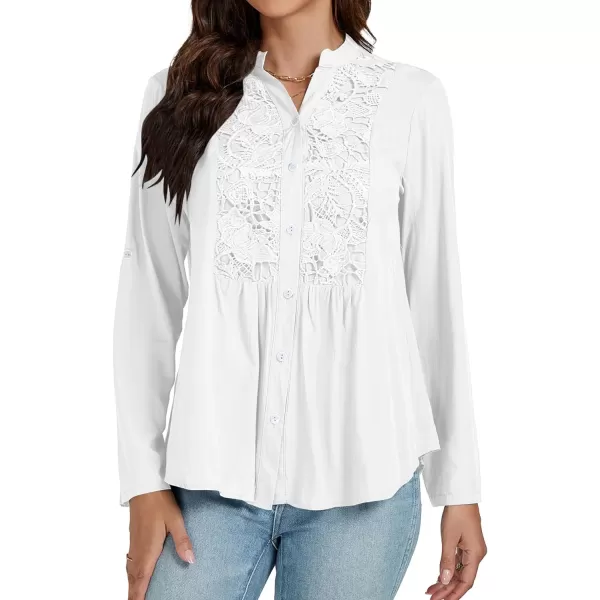 LYANER Women's Roll Up Sleeve V Neck Lace Crochet Button Down Shirt Casual Peplum Blouse Tunic Tops