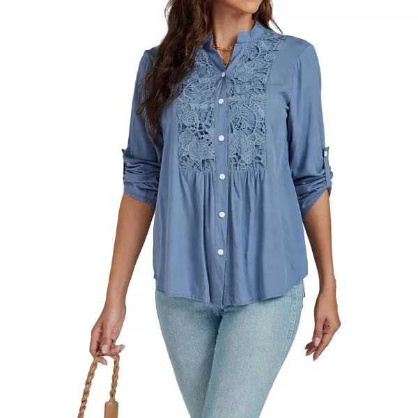 LYANER Women's Roll Up Sleeve V Neck Lace Crochet Button Down Shirt Casual Peplum Blouse Tunic Tops