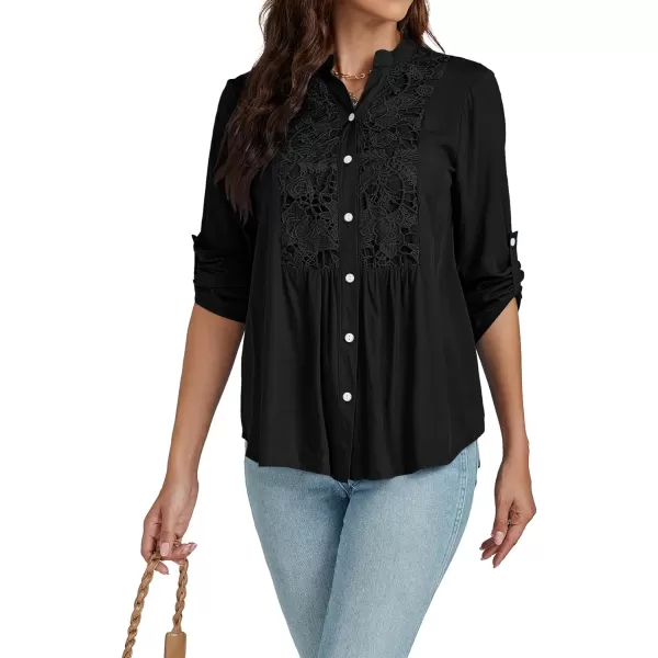 LYANER Women's Roll Up Sleeve V Neck Lace Crochet Button Down Shirt Casual Peplum Blouse Tunic Tops