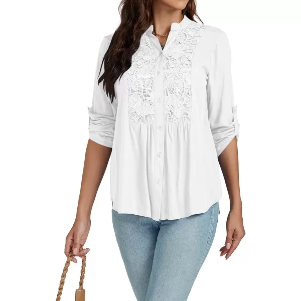 LYANER Women's Roll Up Sleeve V Neck Lace Crochet Button Down Shirt Casual Peplum Blouse Tunic Tops