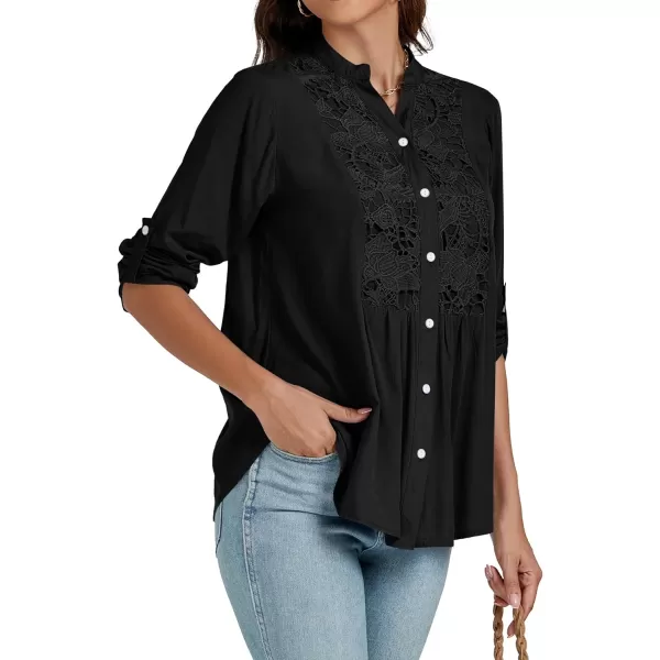 LYANER Women's Roll Up Sleeve V Neck Lace Crochet Button Down Shirt Casual Peplum Blouse Tunic Tops