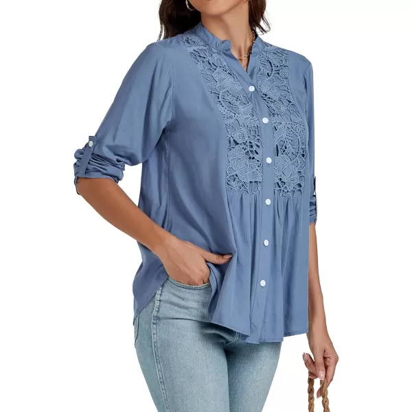LYANER Women's Roll Up Sleeve V Neck Lace Crochet Button Down Shirt Casual Peplum Blouse Tunic Tops