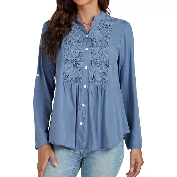 LYANER Women's Roll Up Sleeve V Neck Lace Crochet Button Down Shirt Casual Peplum Blouse Tunic Tops