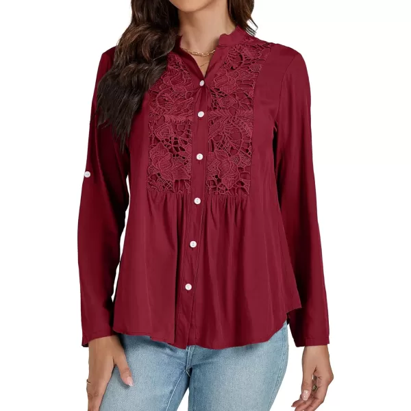 LYANER Women's Roll Up Sleeve V Neck Lace Crochet Button Down Shirt Casual Peplum Blouse Tunic Tops