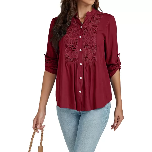 LYANER Women's Roll Up Sleeve V Neck Lace Crochet Button Down Shirt Casual Peplum Blouse Tunic Tops