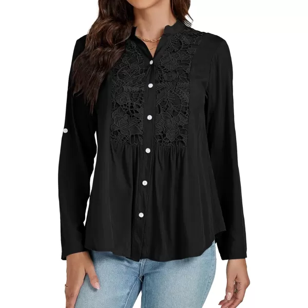 LYANER Women's Roll Up Sleeve V Neck Lace Crochet Button Down Shirt Casual Peplum Blouse Tunic Tops