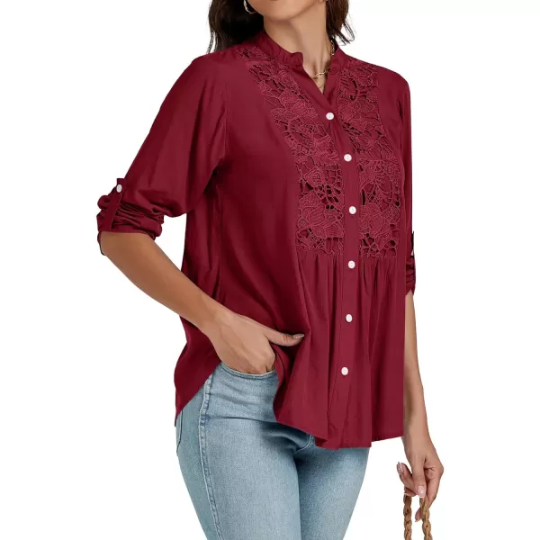 LYANER Women's Roll Up Sleeve V Neck Lace Crochet Button Down Shirt Casual Peplum Blouse Tunic Tops