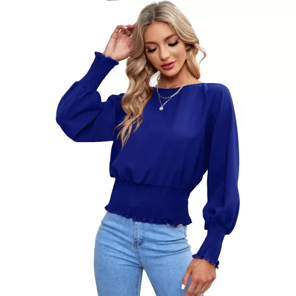 LYANER Women's Round Neck Frill Shirred Lantern Long Sleeve Blouse Office Shirt Top