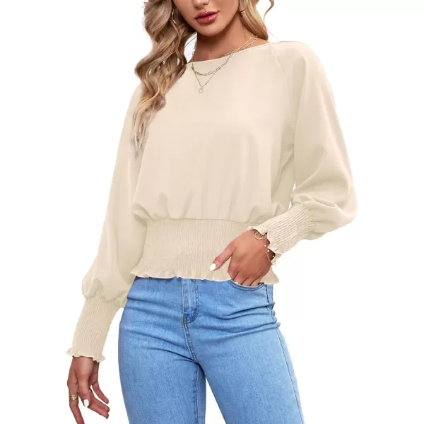 LYANER Women's Round Neck Frill Shirred Lantern Long Sleeve Blouse Office Shirt Top