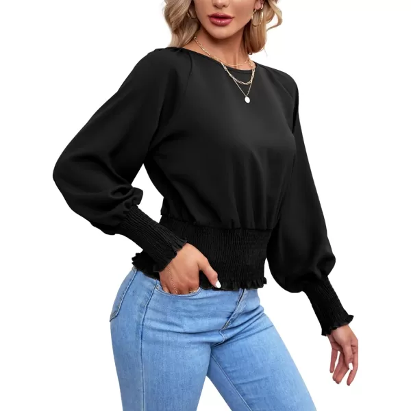 LYANER Women's Round Neck Frill Shirred Lantern Long Sleeve Blouse Office Shirt Top