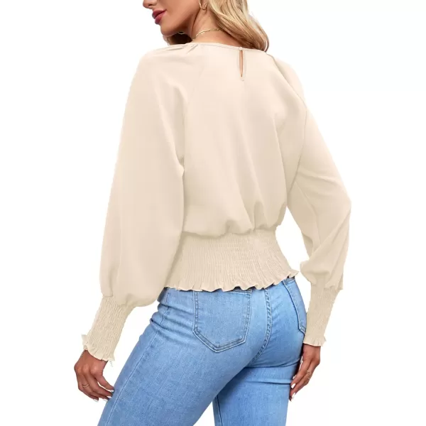 LYANER Women's Round Neck Frill Shirred Lantern Long Sleeve Blouse Office Shirt Top