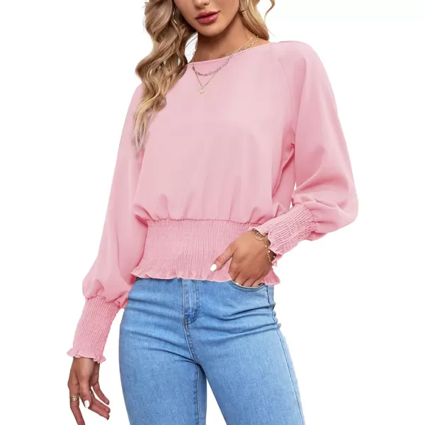 LYANER Women's Round Neck Frill Shirred Lantern Long Sleeve Blouse Office Shirt Top