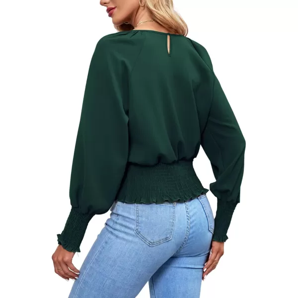 LYANER Women's Round Neck Frill Shirred Lantern Long Sleeve Blouse Office Shirt Top