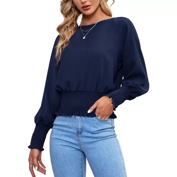 LYANER Women's Round Neck Frill Shirred Lantern Long Sleeve Blouse Office Shirt Top