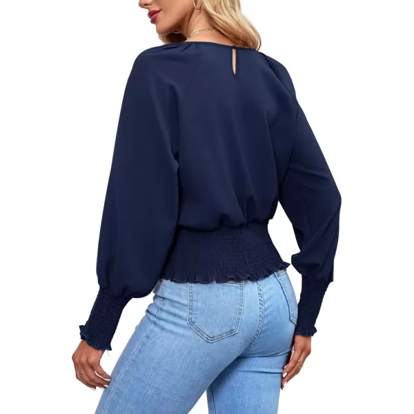 LYANER Women's Round Neck Frill Shirred Lantern Long Sleeve Blouse Office Shirt Top