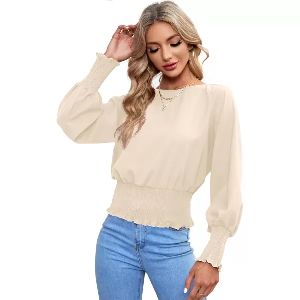 LYANER Women's Round Neck Frill Shirred Lantern Long Sleeve Blouse Office Shirt Top