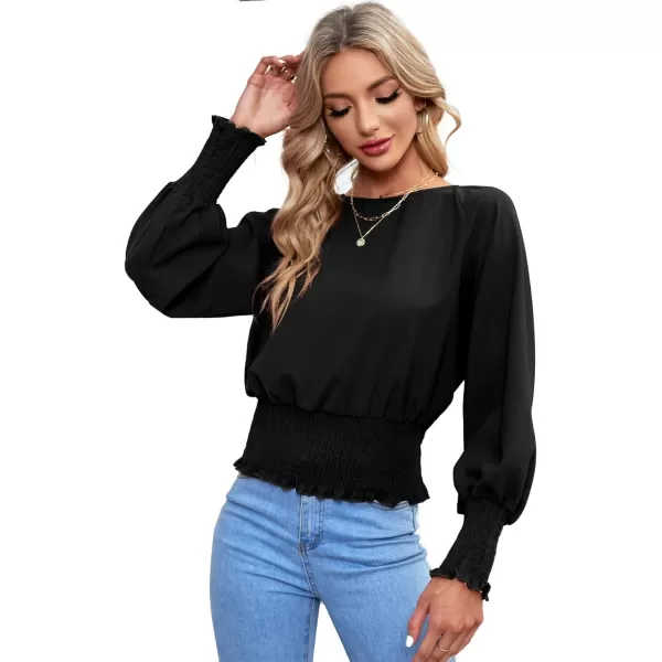 LYANER Women's Round Neck Frill Shirred Lantern Long Sleeve Blouse Office Shirt Top