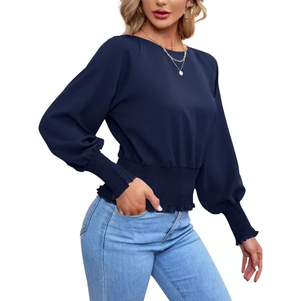 LYANER Women's Round Neck Frill Shirred Lantern Long Sleeve Blouse Office Shirt Top