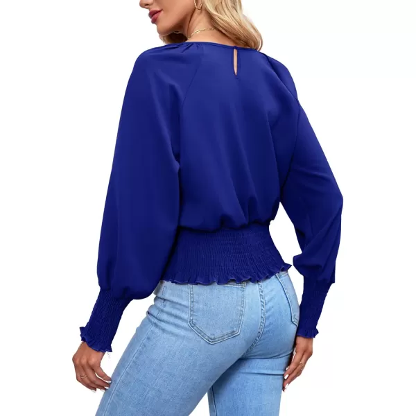 LYANER Women's Round Neck Frill Shirred Lantern Long Sleeve Blouse Office Shirt Top