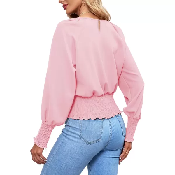 LYANER Women's Round Neck Frill Shirred Lantern Long Sleeve Blouse Office Shirt Top