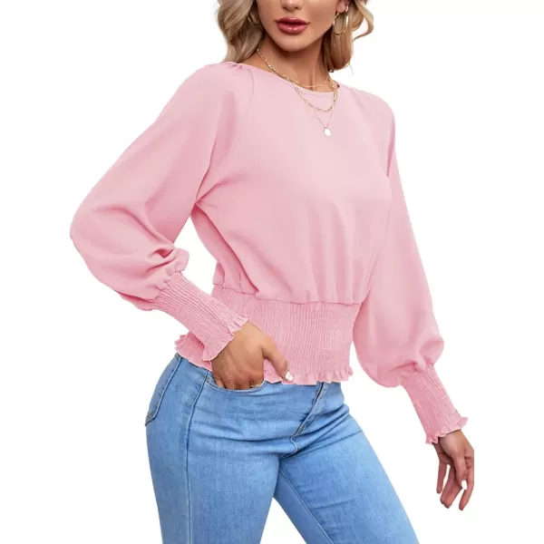 LYANER Women's Round Neck Frill Shirred Lantern Long Sleeve Blouse Office Shirt Top