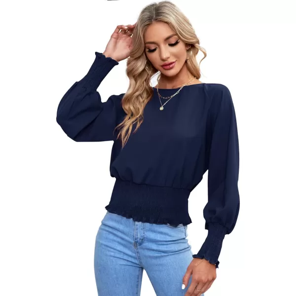 LYANER Women's Round Neck Frill Shirred Lantern Long Sleeve Blouse Office Shirt Top