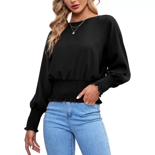 LYANER Women's Round Neck Frill Shirred Lantern Long Sleeve Blouse Office Shirt Top