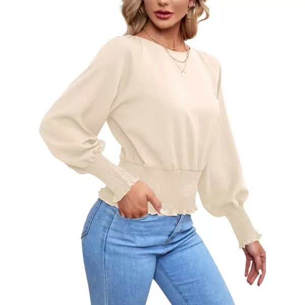 LYANER Women's Round Neck Frill Shirred Lantern Long Sleeve Blouse Office Shirt Top
