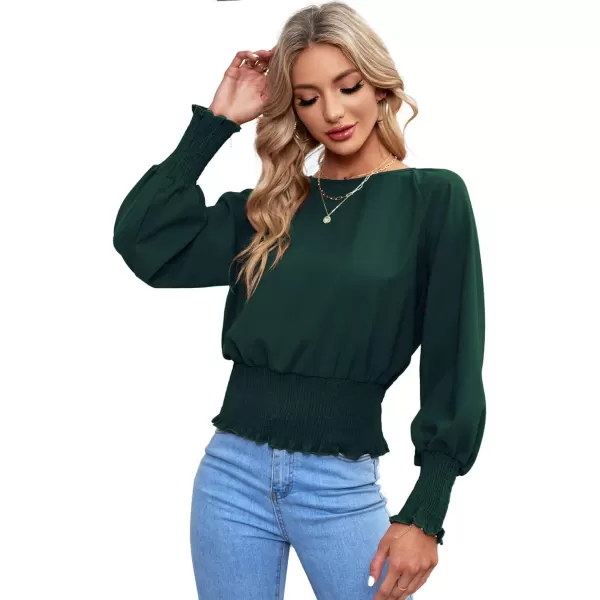 LYANER Women's Round Neck Frill Shirred Lantern Long Sleeve Blouse Office Shirt Top