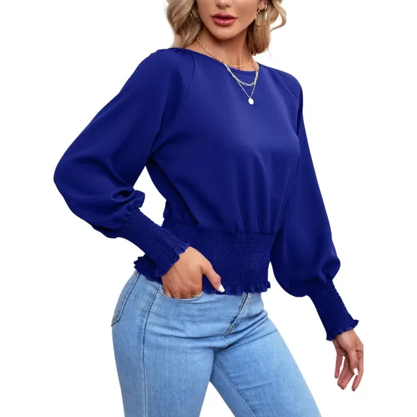 LYANER Women's Round Neck Frill Shirred Lantern Long Sleeve Blouse Office Shirt Top