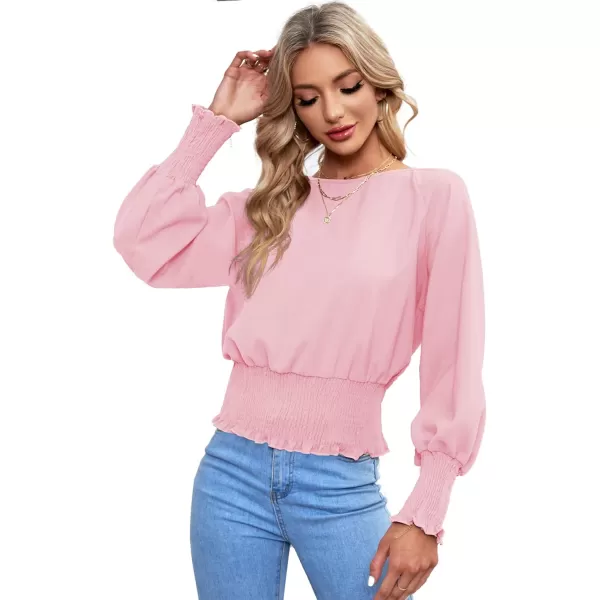 LYANER Women's Round Neck Frill Shirred Lantern Long Sleeve Blouse Office Shirt Top
